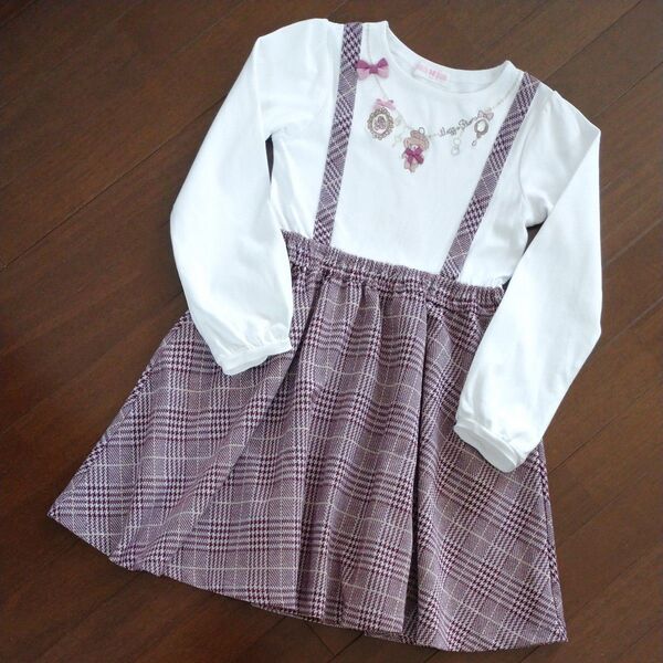 mezzo piano メゾピアノ くまネックレス刺繍ドッキングワンピース 140 長袖