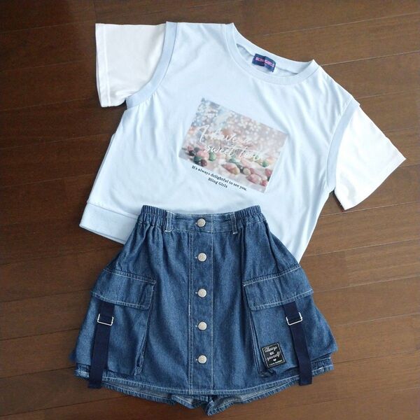 BLING GIRLS フィルム転写重ね着風Tシャツ&LOVE RABBY カーゴキュロット 140 上下2着セット