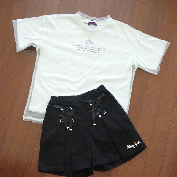 LOVETOXIC ラブトキシック シアー重ね着Tシャツ&リボンキュロット 130 上下セット
