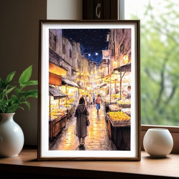 絵画「夜市」 A4 額無し 風景画 インテリア 癒し 夜 市場 夜景 屋台 夜景 灯 暖色