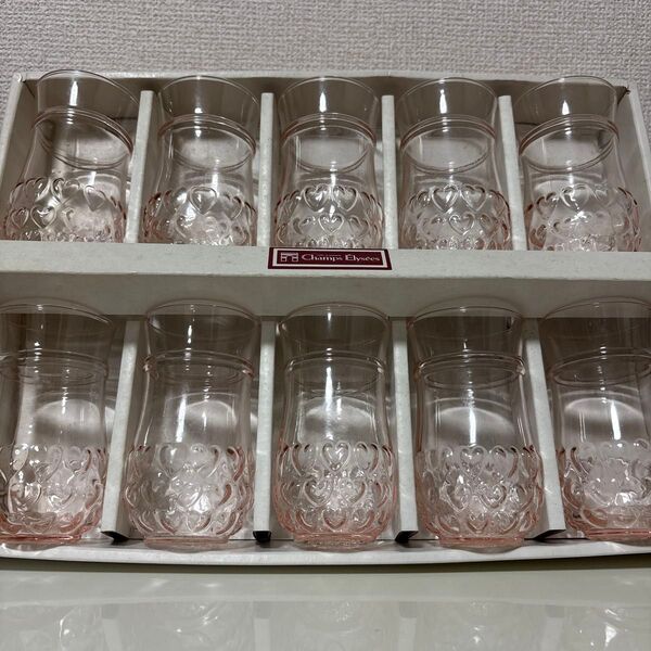 ★昭和レトロ★ Champs lyses グラスセット(ピンク・ハート模様)10個セット 東洋ガラス