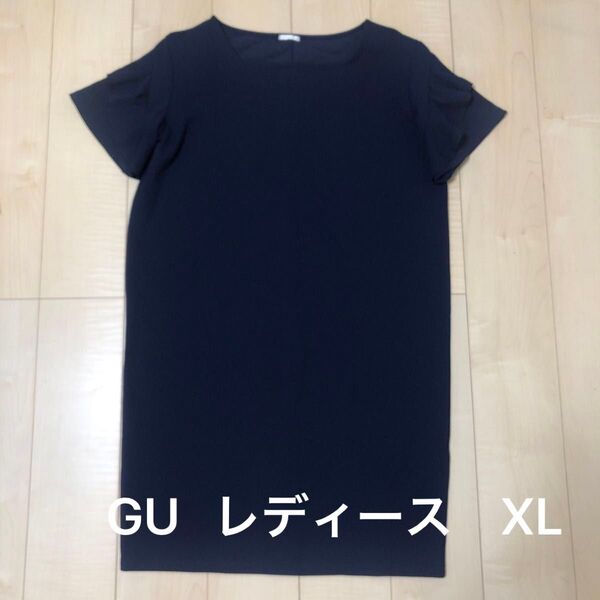 ジーユー GU ネイビー 半袖 袖フリル カジュアル フォーマル ワンピース レディース XL 紺