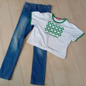 150 白Tシャツ&GUデニムパンツセット 女の子