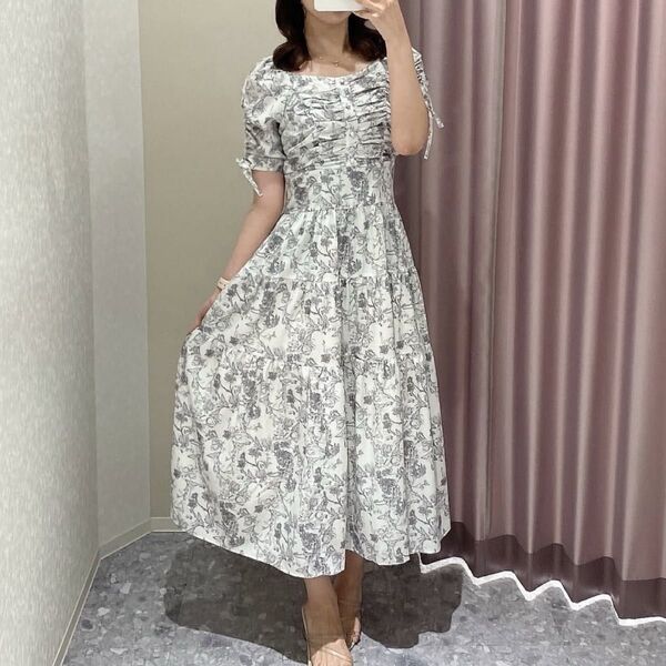 AnMILLE アンミール 花柄 フリル リボン フラワーギャザーティアードワンピース ロング ブルー