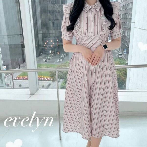 evelyn ワンピース オリジナルハート ストライプ レースアップ ピンク ロング