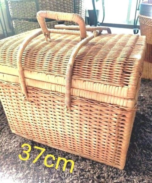 昭和レトロ ラタン 持ち手 蓋付き バスケット収納ボックス 37cm ピクニック