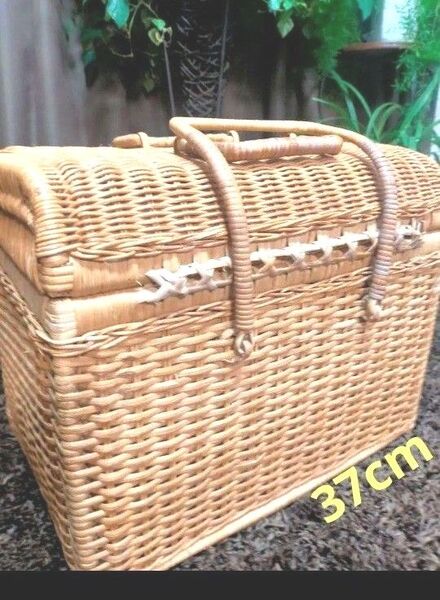 昭和レトロ ラタン 持ち手 蓋付き バスケット収納ボックス 37cm ピクニック