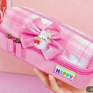 大容量 ペンケース うさぎ リボン ピンク チェック柄 かわいい ふでばこ 小学生 高学年 中学生