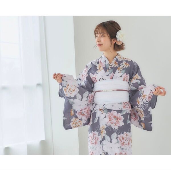 utatane 浴衣 グレー 白 緑 黄色 ピンク 牡丹