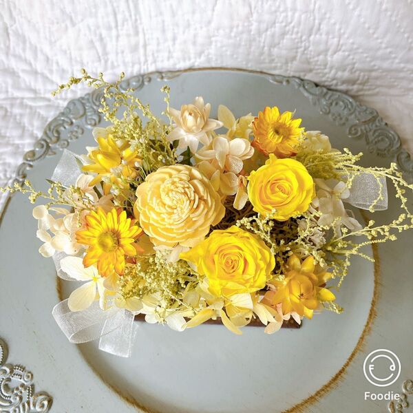 プリザーブドフラワー ドライフラワー ブリキ缶アレンジ イエロー薔薇 紫陽花 ソラローズ プレゼント ハンドメイド