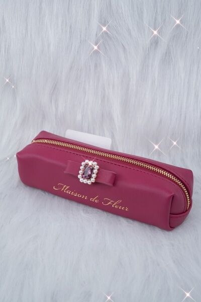 Maison de FLEUR パールビジュー合皮リボンロングポーチ レッド ペンケース 筆箱