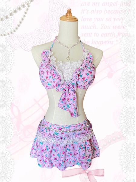 *pink floral bikini lace frill 花柄 薔薇 レース フリル ビキニ 淡いピンク リボン 水着