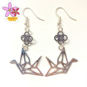 和風 ハンドメイド 折り鶴 レトロ 正月 着物 アンティーク シルバー ピアス