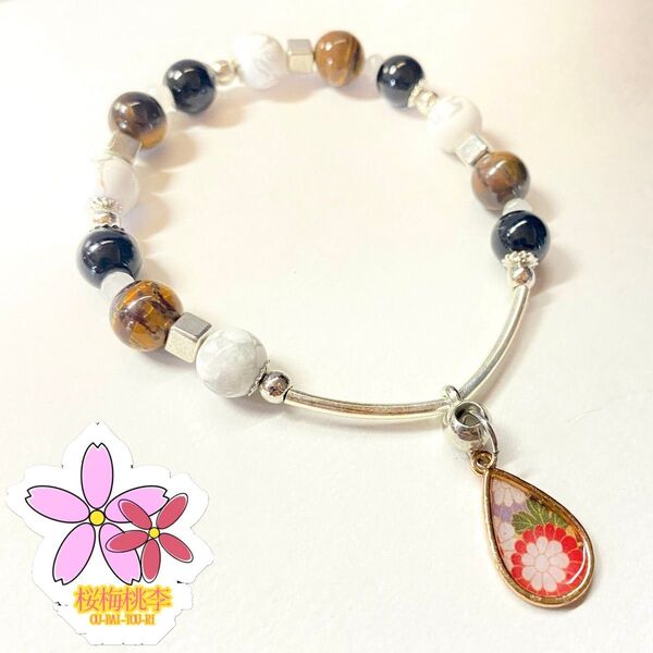 パワーストーン 天然石 ブレスレット 折り紙 ハンドメイド レトロ Origami 桜 花 和柄 開運 浄化 幸運 オニキス