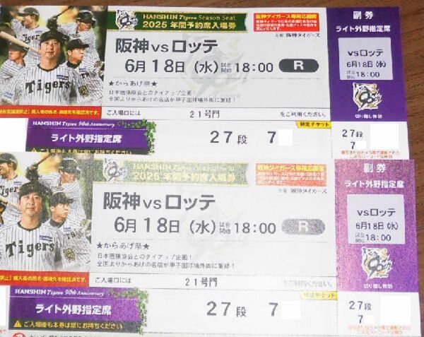 6/18(水)阪神vsロッテ 阪神甲子園球場 ライト外野指定席2席 連番 雨保障