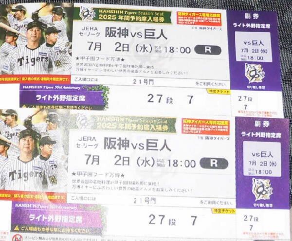 7/2(水)阪神vs巨人 阪神甲子園球場 ライト外野指定席2席 連番 雨保障