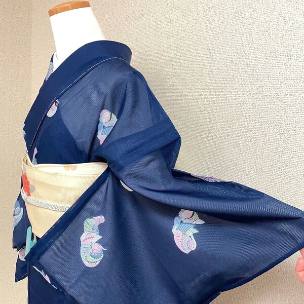 絽 夏着物 盛夏 夏物 単衣 薄物 化繊 小紋 紺 カジュアル 和服 和装
