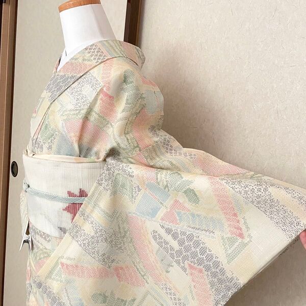 紗 紬 盛夏 夏着物 薄物 正絹 小紋 白 黄 着物 カジュアル 和服 和装