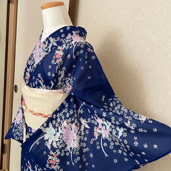 絽 夏着物 盛夏 夏物 単衣 薄物 化繊 小紋 青 カジュアル 和服 和装