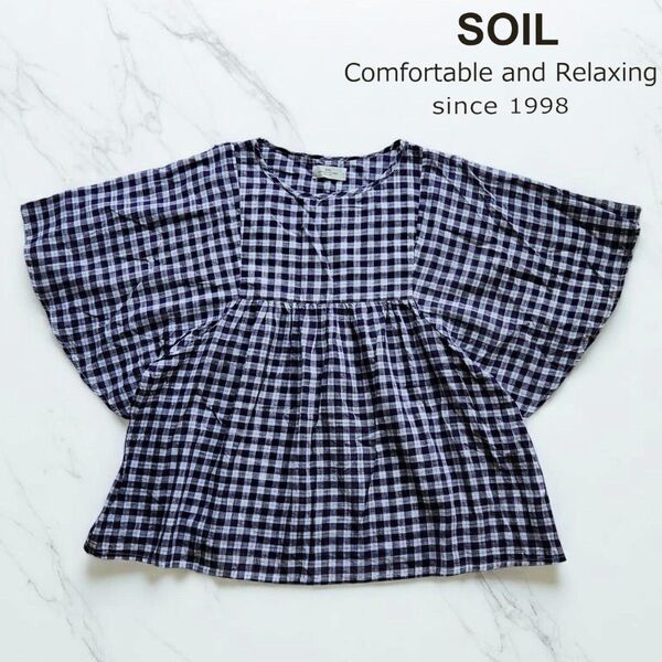 SOIL ファンシーギンガムチェック ドルマンスリーブシャツブラウス 紫 M トップス ゆったり