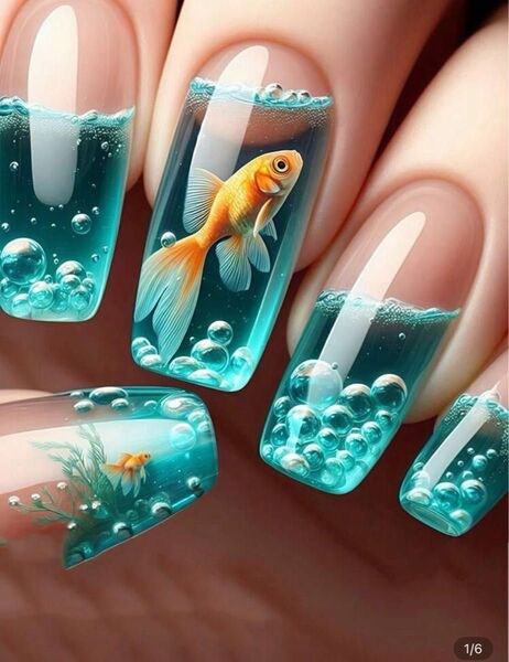 ★ネイルチップおまとめ割引あり★金魚と泡のデザインネイルチップセット