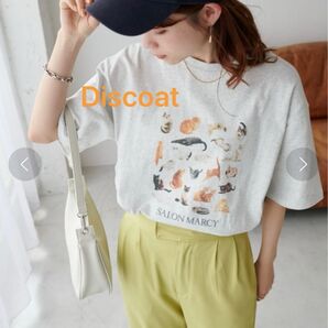 Discoat 猫 プリント 半袖 Tシャツ ライトグレー ゆったり ネコTシャツ フリーサイズ