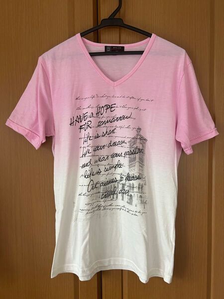 MK MICHEL KLEIN ミッシェルクラン Tシャツ 半袖 Vネック L 48 ピンク ホワイト レディース