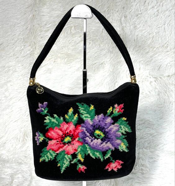 【美品】FEILER ハンドバッグ ショルダーバッグ フェイラー 花柄 ブラック トートバッグ