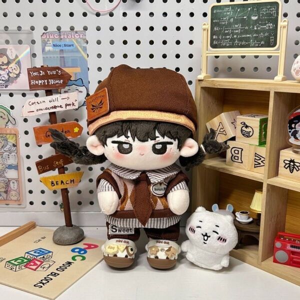 ぬい服 ぬいぐるみ 着せ替え服 人形 20cm 洋服 男の子 ブラウン 5点セット ニットベスト ストライプシャツ