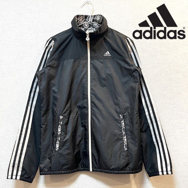 【美品】adidas(アディダス)ランダムドット柄 ロゴプリント スリーストライプ ウィンドブレーカー トラックジャケット 黒 L