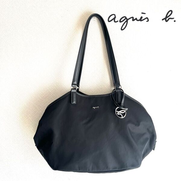 【極美品】agnes b. (アニエスベー) ナイロン2WAY トートバッグ ブラック ボヤージュ ロゴチャーム付き ハンドバッグ