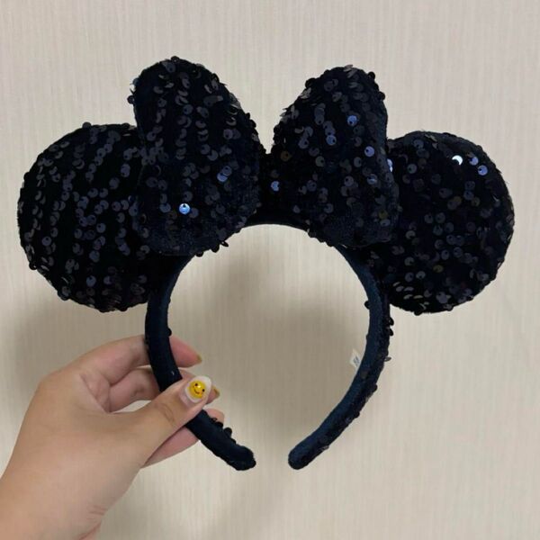 ディズニー ミニーマウス カチューシャ リボン スパンコール ベロア ネイビー 紺