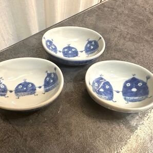 新品/陶磁器 作家 山中秀書 美濃焼 楕円皿小3枚セット 染付 手つなぎどんぐり