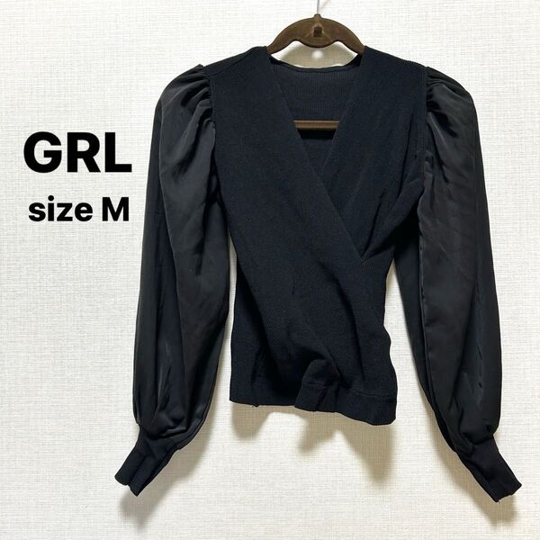 GRL 袖切り替えニットトップス 長袖 カシュクール 異素材