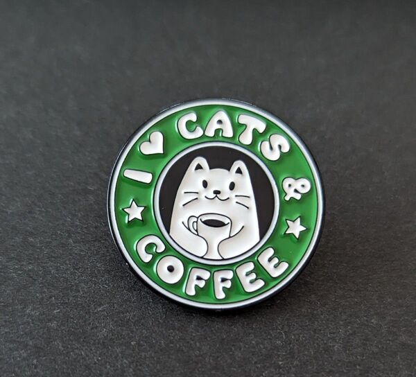 I love CATS & COFFEE ピンバッジ N26-7 白猫さん × コーヒー 猫 ねこ