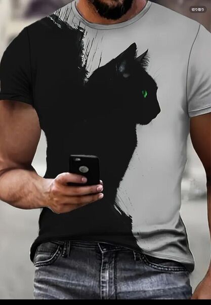 新品 未使用 猫プリント 半袖Tシャツ メンズ XL サイズ M(JPーXL ) 両面プリント ブラック×グレー 黒猫