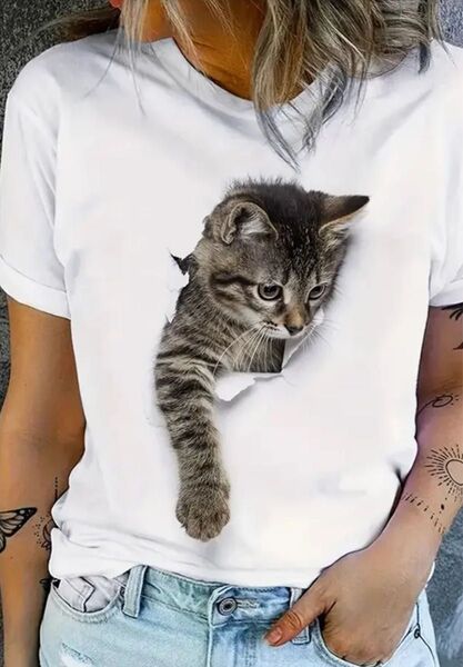 新品 未使用 猫プリント 半袖Tシャツ レディース Lサイズ M(JPーL) ホワイト 白 とびだす猫