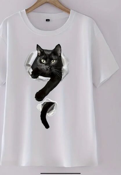 【完売品】1点のみ 新品 未使用 猫プリント 半袖Tシャツ レディース Sサイズ(Asian S) ホワイト 白 とびだす黒猫