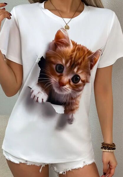新品 未使用 猫プリント 半袖Tシャツ レディース Lサイズ M(JPーL) 両面プリント ホワイト 白 とびだす猫