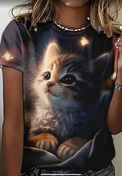 新品 未使用 猫プリント 半袖Tシャツ レディース Lサイズ M(JPーL) 両面プリント ブラウン