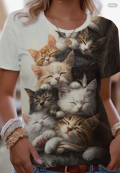 新品 未使用 猫プリント 半袖Tシャツ レディース Lサイズ M(JPーL) 両面プリント ベージュ系×ブラウン たくさんの猫