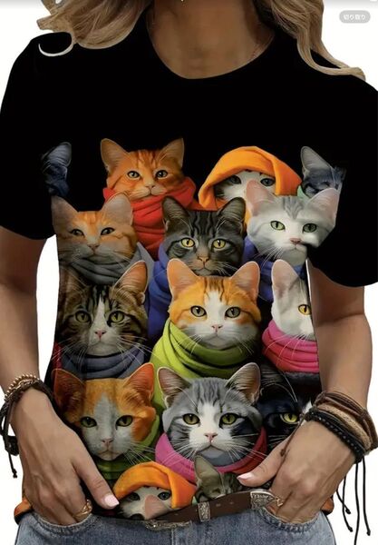 新品 未使用 猫プリント 半袖Tシャツ レディース Lサイズ (JPーL) 両面プリント ブラック 黒 たくさんの猫