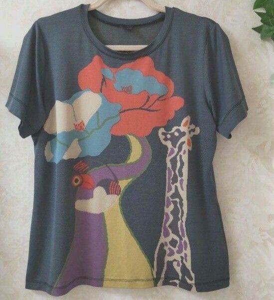 Tシャツ 半袖 M~L くすみカラー 藍色 花柄×アニマル柄 カラフル