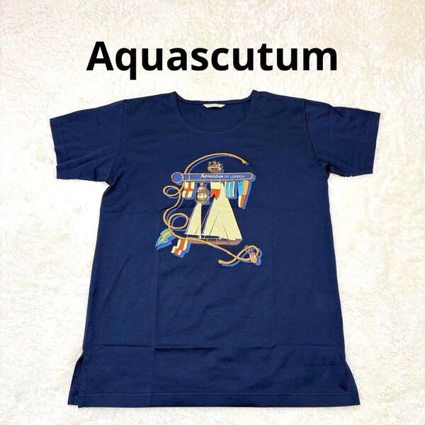 Aquascutum アクアスキュータム 半袖 Tシャツ ネイビー 極美品