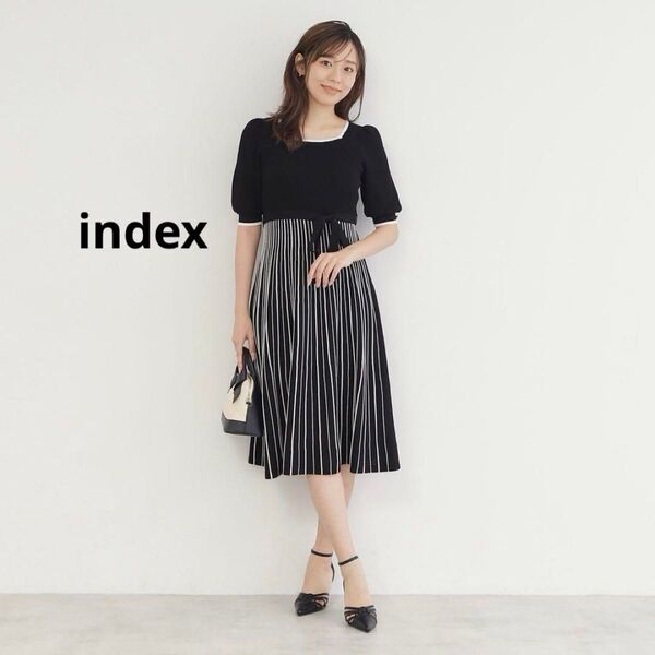 美品 index インデックス バイカラープリーツニットワンピース ブラック 半袖ワンピース