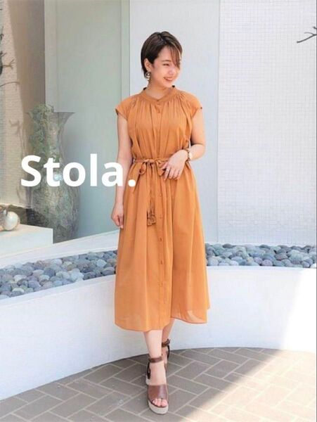 Stola. 強撚ボイルギャザーワンピース ノースリーブ ウエストリボン ストラ