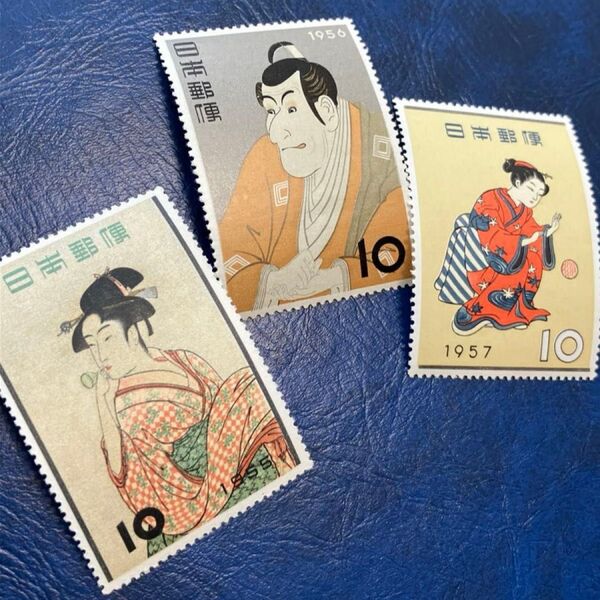 切手趣味週間 ビードロを吹く娘 市川えび蔵 まりつき 1955-57年 人気 単片3種