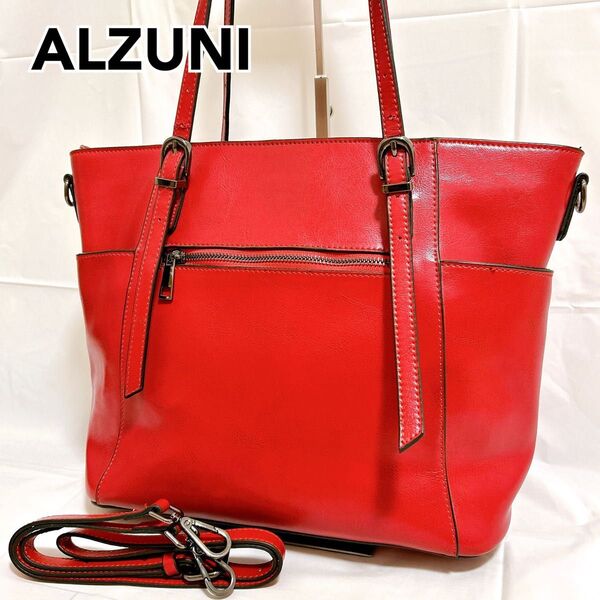 【美品】ALZUNI アルズニ 本革 赤 ショルダーバッグ 保存袋 2way トートバッグ ビジネスバッグ 大容量
