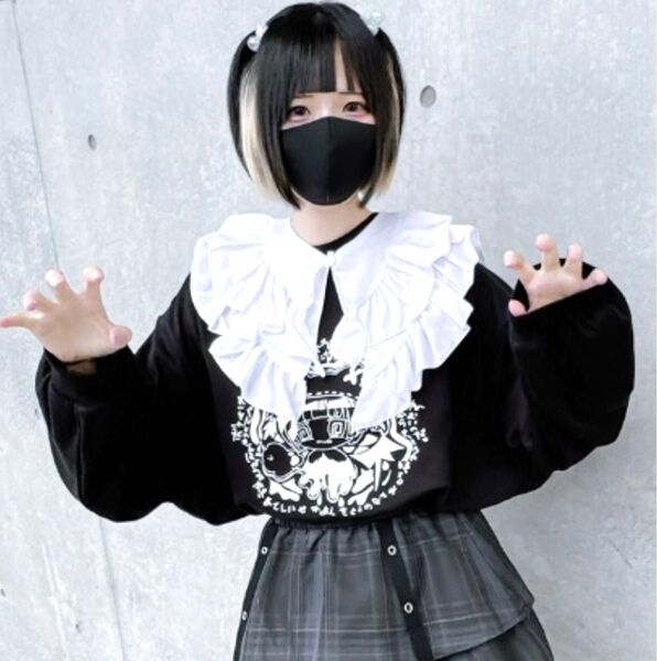 新品 ぬた。 付け襟ロゴプルオーバー Mサイズ 黒 フリル衿付き オリジナルイラスト 悪魔界隈 黒色界隈 サブカル 暗黒界隈 地雷