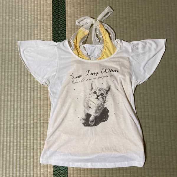 vousmeme Tシャツ キャミトップ 猫 パール イエロー 夏 2点セット